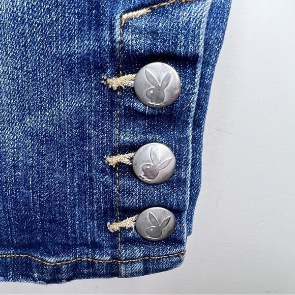 Y2K Vintage Playboy Denim Capris Button Detail Casual Denim Cropped Distressed - Picture 6 of 14
